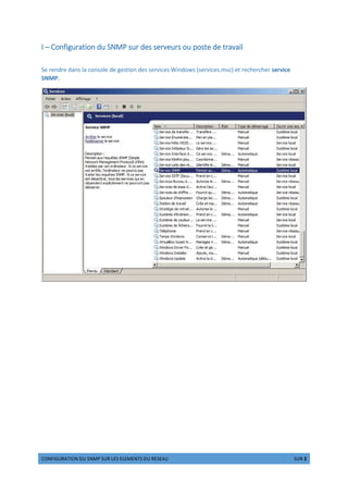 jklmnopqrsnkl tp ulvw upq xyu yxyvylsu tp qyuyrp wroy 1 upq 2
I – Configuration du SNMP sur des serveurs ou poste de travail
Se rendre dans la console de gestion des services Windows (services.msc) et rechercher service
SNMP.
 