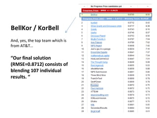 And, yes, the top team which is from AT&T… “ Our final solution (RMSE=0.8712) consists of blending 107 individual results. “ BellKor / KorBell 