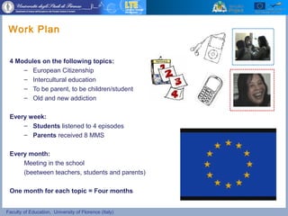 Faculty of Education, University of Florence (Italy)
Work Plan
4 Modules on the following topics:
– European Citizenship
– Intercultural education
– To be parent, to be children/student
– Old and new addiction
Every week:
– Students listened to 4 episodes
– Parents received 8 MMS
Every month:
Meeting in the school
(beetween teachers, students and parents)
One month for each topic = Four months
 