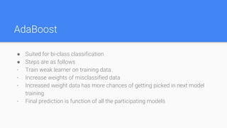 AdaBoost
● Suited for bi-class classification
● Steps are as follows
- Train weak learner on training data
- Increase weights of misclassified data
- Increased weight data has more chances of getting picked in next model
training
- Final prediction is function of all the participating models
 