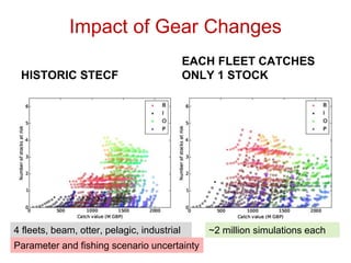 Impact of Gear Changes
HISTORIC STECF
EACH FLEET CATCHES
ONLY 1 STOCK
4 fleets, beam, otter, pelagic, industrial ~2 million simulations each
Parameter and fishing scenario uncertainty
 