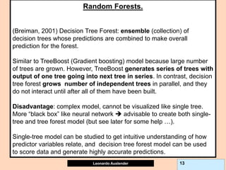 Leonardo Auslender Copyright 2004
Leonardo Auslender 13
Random Forests.
(Breiman, 2001) Decision Tree Forest: ensemble (collection) of
decision trees whose predictions are combined to make overall
prediction for the forest.
Similar to TreeBoost (Gradient boosting) model because large number
of trees are grown. However, TreeBoost generates series of trees with
output of one tree going into next tree in series. In contrast, decision
tree forest grows number of independent trees in parallel, and they
do not interact until after all of them have been built.
Disadvantage: complex model, cannot be visualized like single tree.
More “black box” like neural network  advisable to create both single-
tree and tree forest model (but see later for some help …).
Single-tree model can be studied to get intuitive understanding of how
predictor variables relate, and decision tree forest model can be used
to score data and generate highly accurate predictions.
 