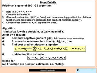 Leonardo Auslender Copyright 2004
Leonardo Auslender 21 21
More Details
Friedman’s general 2001 GB algorithm:
1) Data (Y, X), Y (N, 1), X (N, p)
2) Choose # iterations M
3) Choose loss function L(Y, F(x), Error), and corresponding gradient, i.e., 0-1 loss
function, and residuals are corresponding gradient. Function called ‘f’.
4) Choose base learner h( X, θ), say shallow trees.
Algorithm:
1: initialize f0 with a constant, usually mean of Y.
2: for t = 1 to M do
3: compute negative gradient gt(x), i.e., residual from Y as next target.
4: fit a new base-learner function h(x, θt), i.e., tree.
5: find best gradient descent step-size
6: update function estimate:
8: end for
(all f function are function estimates, i.e., ‘hats’).
0 <
n
t t t
i t 1 i i
γ i 1
, 1
γ argmin L(y ,f (x ) γh (x )) γ



 


 
t t 1 t t t
f f (x) γ h (x,θ )
 
