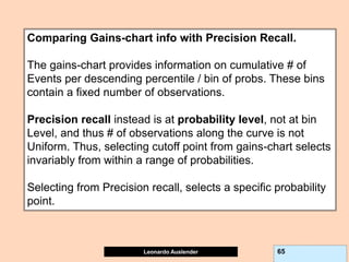 Leonardo Auslender Copyright 2004
Leonardo Auslender 65
Comparing Gains-chart info with Precision Recall.
The gains-chart provides information on cumulative # of
Events per descending percentile / bin of probs. These bins
contain a fixed number of observations.
Precision recall instead is at probability level, not at bin
Level, and thus # of observations along the curve is not
Uniform. Thus, selecting cutoff point from gains-chart selects
invariably from within a range of probabilities.
Selecting from Precision recall, selects a specific probability
point.
 