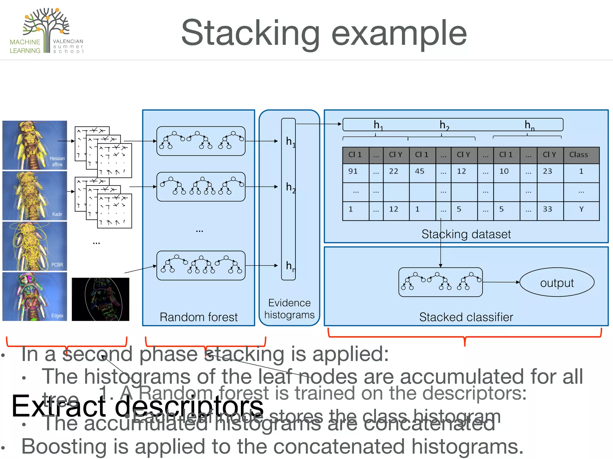 Evidence!
histograms! Stacked classiﬁer!
Stacking dataset!
Random forest!
…	
  
…	
  
h1	
  
h2	
  
hn	
  
h1	
   h2	
   hn	
  
output!
Stacking example
Extract descriptors
1. A Random forest is trained on the descriptors:
• Each leaf node stores the class histogram
•  In a second phase stacking is applied: 
•  The histograms of the leaf nodes are accumulated for all
tree
•  The accumulated histograms are concatenated
•  Boosting is applied to the concatenated histograms.
 