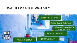 @lisihocke
MAKE IT EASY & TAKE SMALL STEPS
PREPARE THE SETUP START WITH WHY
QUICKLY GET DOING
DESIGNATED NAVIGATOR
& FACILITATOR
PICK A SMALL, EASY TASK
ENSEMBLE 1-2 HOURS
 