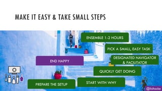 @lisihocke
MAKE IT EASY & TAKE SMALL STEPS
PREPARE THE SETUP START WITH WHY
QUICKLY GET DOING
DESIGNATED NAVIGATOR
& FACILITATOR
PICK A SMALL, EASY TASK
ENSEMBLE 1-2 HOURS
END HAPPY
 