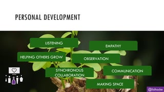 PERSONAL DEVELOPMENT
@lisihocke
LISTENING
COMMUNICATION
SYNCHRONOUS
COLLABORATION
EMPATHY
OBSERVATION
MAKING SPACE
HELPING OTHERS GROW
 