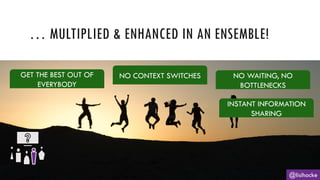 … MULTIPLIED & ENHANCED IN AN ENSEMBLE!
@lisihocke
GET THE BEST OUT OF
EVERYBODY
NO CONTEXT SWITCHES
INSTANT INFORMATION
SHARING
NO WAITING, NO
BOTTLENECKS
 