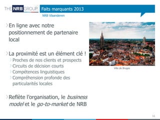 Faits marquants 2013
NRB Vlaanderen

En ligne avec notre
positionnement de partenaire
local
La proximité est un élément clé !
Proches de nos clients et prospects
Circuits de décision courts
Compétences linguistiques
Compréhension profonde des
particularités locales

Ville de Bruges

Reflète l’organisation, le business
model et le go-to-market de NRB
16

 