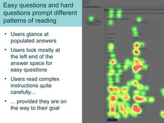 10
Easy questions and hard
questions prompt different
patterns of reading
• Users glance at
populated answers
• Users look...