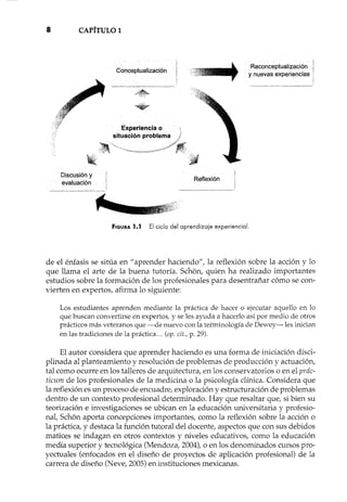 8 CAPÍTULOl
Conceptualización
Experiencia o
situación problema
Discusión y
evaluación
Reflexión
Reconceptualización
y nuevas experiencias
FIGURA 1.1 El ciclo del aprendizaje experiencial.
de el énfasis se sitúa en "aprender haciendo", la reflexión sobre la acción y lo
que llama el arte de la buena tutoría. Schon, quien ha realizado importantes
estudios sobre la formación de los profesionales para desentrañar cómo se con-
vierten en expertos, afirma lo siguiente:
Los estudiantes aprenden mediante la práctica de hacer o ejecutar aquello en lo
que buscan convertirse en expertos, y se les ayuda a hacerla así por medio de otros
prácticos más veteranos que -de nuevo con la terminología de Dewey-les inician
en las tradiciones de la práctica ... (op. cit., p. 29).
El autor considera que aprender haciendo es una forma de iniciación disci-
plinada al planteamiento y resolución de problemas de producción y actuación,
tal como ocurre en los talleres de arquitectura, en los conservatorios o en el prác-
tícum de los profesionales de la medicina o la psicología clínica. Considera que
la reflexión es un proceso de encuadre, exploración y estructuración de problemas
dentro de un contexto profesional determinado. Hay que resaltar que, si bien su
teorización e investigaciones se ubican en la educación universitaria y profesio-
nal, Schon aporta concepciones importantes, como la reflexión sobre la acción o
la práctica, y destaca la función tutoral del docente, aspectos que con sus debidos
matices se indagan en otros contextos y niveles educativos, como la educación
media superior y tecnológica (Mendoza, 2004), o en los denominados cursos pro-
yectuales (enfocados en el diseño de proyectos de aplicación profesional) de la
carrera de diseño (Neve, 2005) en instituciones mexicanas.
 