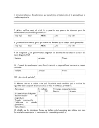 6. Mencione al menos dos elementos que caracterizan el tratamiento de la geometría en la
enseñanza primaria.
_________________________________________________________________________
_________________________________________________________________________
_________________________________________________________________________
_________________________________________________________________________
7. ¿Cómo califica usted el nivel de preparación que poseen los docentes para dar
tratamiento a los contenidos geométricos?
Muy bajo Bajo Medio Alto Muy alto
8. ¿Cómo califica usted el gusto que sienten los docentes por el trabajo con la geometría?
Muy bajo Bajo Medio Alto Muy alto
9. En su opinión ¿Con qué frecuencia imparten los docentes las sesiones de clases o las
clases de geometría?
Siempre A veces Nunca
10. ¿Con qué frecuencia usted como directivo aborda la preparación de los maestros en este
contenido?
Siempre A veces Nunca
10.1 ¿A través de qué vías?________________________________________
_______________________________________________________________
11. Marque con una x cuáles y con qué frecuencia usted considera que se realizan las
siguientes actividades en las clases donde se trata el contenido geométrico.
Actividades Se realizan Frecuencia con que las realiza
SI NO Siempre A veces
Reconocimiento de figuras
Reconocimiento de
propiedades
Trazado y construcción
Problemas de cálculo
geométrico
Demostración
12. ¿Cuáles de los siguientes formas de trabajo usted considera que utilizan con más
frecuencia los maestros en el tratamiento del contenido geométrico?
 