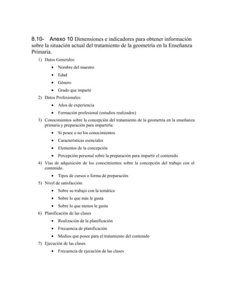 8.10- Anexo 10 Dimensiones e indicadores para obtener información
sobre la situación actual del tratamiento de la geometría en la Enseñanza
Primaria.
1) Datos Generales:
• Nombre del maestro
• Edad
• Género
• Grado que imparte
2) Datos Profesionales:
• Años de experiencia
• Formación profesional (estudios realizados)
3) Conocimientos sobre la concepción del tratamiento de la geometría en la enseñanza
primaria y preparación para impartirla:
• Si posee o no los conocimientos
• Características esenciales
• Elementos de la concepción
• Percepción personal sobre la preparación para impartir el contenido
4) Vías de adquisición de los conocimientos sobre la concepción del trabajo con el
contenido.
• Tipos de cursos o forma de preparación
5) Nivel de satisfacción:
• Sobre su trabajo con la temática
• Sobre lo que más le gusta
• Sobre lo que menos le gusta
6) Planificación de las clases
• Realización de la planificación
• Frecuencia de planificación
• Medios que posee para el tratamiento del contenido
7) Ejecución de las clases
• Frecuencia de ejecución de las clases
 