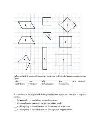 Coloca en la tabla siguiente los números que corresponden según la denominación de cada
figura.
Son
Cuadriláteros
Son
Triángulos
Son
Paralelogramos
Son
Rectángulos
Son Cuadrados
2. Atendiendo a las propiedades de los paralelogramos marca con una cruz la respuesta
correcta.
___ El rectángulo y el cuadrado no son paralelogramos.
___ El cuadrado es un rectángulo con los cuatro lados iguales.
___ El rectángulo y el cuadrado tienen sus lados consecutivos paralelos.
___ El rectángulo y el cuadrado tienen sus lados opuestos perpendiculares.
 