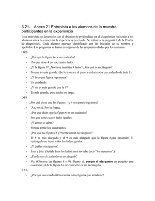 8.21- Anexo 21 Entrevista a los alumnos de la muestra
participantes en la experiencia
Esta entrevista se desarrolló con el objetivo de profundizar en el diagnóstico realizado a los
alumnos antes de comenzar la experiencia en el aula. Se refiere a la pregunta 1 de la Prueba
de diagnóstico. Cada alumno aparece identificado con las iniciales de su nombre y
apellidos. Las preguntas se basan en algunas de las respuestas dadas por los alumnos.
ORS
- ¿Por qué la figura 6 es un cuadrado?
- Porque tiene 4 partes, cuatro lados.
- ¿Y la figura 9? ¿No tiene también 4 lados? ¿Por qué es rectángulo?
- Porque es más grande. (Se le traza en el papel cuadriculado un cuadrado de lado 6).
- ¿Y ésta que figura representa?
- Un cuadrado.
- ¿Y no es más grande que la 9?
- Es más grande, pero ancho no largo.
DPS
- ¿Por qué dices que las figuras 1 y 4 son paralelogramos?
- Ay, no sé. Por la forma.
- ¿Por qué dices que la figura 6 es un cuadrado?
- Por que tiene cuatro lados iguales.
- ¿Y cómo lo sabes?
- Porque conté los cuadraditos.
- ¿Por qué las figuras 8 y 9 representan rectángulos?
- El 8 es más alargado y el 9 es más alargado que la figura 6¿me entiende? El
rectángulo no tiene todos los lados iguales.
- ¿Y cuáles son iguales?
- Éste y éste. (Señala bien los lados pero no sabe decir “los opuestos”.)
- ¿Puede ser el cuadrado un rectángulo?
- No. (Observa las figuras 6 y 9). Bueno sí, porque si alargamos un poquito este
cuadrado (el de la figura 6), se convierte en un rectángulo.
RRL
- ¿Por qué son cuadriláteros todas estas figuras que señalaste?
 