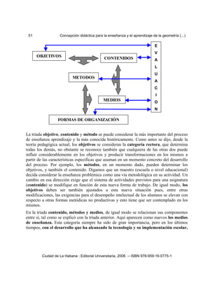 51 Concepción didáctica para la enseñanza y el aprendizaje de la geometría (...)
La tríada objetivo, contenido y método se puede considerar la más importante del proceso
de enseñanza aprendizaje y la más conocida históricamente. Como antes se dijo, desde la
teoría pedagógica actual, los objetivos se consideran la categoría rectora, que determina
todas los demás, no obstante se reconoce también que cualquiera de las otras dos puede
influir considerablemente en los objetivos y producir transformaciones en los mismos a
partir de las características específicas que asuman en un momento concreto del desarrollo
del proceso. Por ejemplo, los métodos, en un momento dado, pueden determinar los
objetivos, y también el contenido. Digamos que un maestro (escuela o nivel educacional)
decida considerar la enseñanza problémica como una vía metodológica en su actividad. Un
cambio en esa dirección exige que el sistema de actividades previstos para una asignatura
(contenido) se modifique en función de esta nueva forma de trabajo. De igual modo, los
objetivos deben ser también ajustados a esta nueva situación pues, entre otras
modificaciones, las exigencias para el desempeño intelectual de los alumnos se elevan con
respecto a otras formas metódicas no productivas y esto tiene que ser contemplado en los
mismos.
En la tríada contenido, métodos y medios, de igual modo se relacionan sus componentes
entre sí, tal como se explicó con la tríada anterior. Aquí aparecen como nuevos los medios
de enseñanza. Esta categoría siempre ha sido de gran importancia, pero en los últimos
tiempos, con el desarrollo que ha alcanzado la tecnología y su implementación escolar,
Ciudad de La Habana : Editorial Universitaria, 2008. -- ISBN 978-959-16-0775-1
E
V
A
L
U
A
C
I
O
N
OBJETIVOS CONTENIDOS
METODOS
MEDIOS
FORMAS DE ORGANIZACIÓN
 