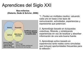 Aprendices del Siglo XXI
“1. Fluidez en múltiples medios, valuando
cada uno en base a los tipos de
comunicación, actividades, experiencias y
expresiones que potencian.
2. Aprendizaje basado en búsquedas
colectivas, filtrando, y sintetizando
experiencias en vez de localizar y absorber
información de una sola buena fuente.
3. Aprendizaje activo basado en
experiencias tanto reales como simuladas
que incluyan oportunidades frecuentes para
la reflexión.”
 