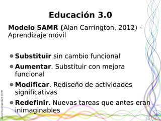 Layoutbyorngjce223,CC-BY
Educación 3.0
Modelo SAMR (Alan Carrington, 2012) –
Aprendizaje móvil
Substituir sin cambio funcional
Aumentar. Substituir con mejora
funcional
Modificar. Rediseño de actividades
significativas
Redefinir. Nuevas tareas que antes eran
inimaginables
 