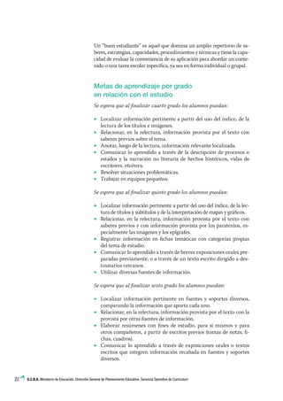 22 G.C.B.A. Ministerio de Educación. Dirección General de Planeamiento Educativo. Gerencia Operativa de Currículum
Un “buen estudiante” es aquel que domina un amplio repertorio de sa-
beres, estrategias, capacidades, procedimientos y técnicas y tiene la capa-
cidad de evaluar la conveniencia de su aplicación para abordar un conte-
nido o una tarea escolar específica, ya sea en forma individual o grupal.
Metas de aprendizaje por grado
en relación con el estudio
Se espera que al finalizar cuarto grado los alumnos puedan:
•• Localizar información pertinente a partir del uso del índice, de la
lectura de los títulos e imágenes.
•• Relacionar, en la relectura, información provista por el texto con
saberes previos sobre el tema.
•• Anotar, luego de la lectura, información relevante localizada.
•• Comunicar lo aprendido a través de la descripción de procesos o
estados y la narración no literaria de hechos históricos, vidas de
escritores, etcétera.
•• Resolver situaciones problemáticas.
•• Trabajar en equipos pequeños.
Se espera que al finalizar quinto grado los alumnos puedan:
•• Localizar información pertinente a partir del uso del índice, de la lec-
tura de títulos y subtítulos y de la interpretación de mapas y gráficos.
•• Relacionar, en la relectura, información provista por el texto con
saberes previos y con información provista por los paratextos, es-
pecialmente las imágenes y los epígrafes.
•• Registrar información en fichas temáticas con categorías propias
del tema de estudio.
•• Comunicar lo aprendido a través de breves exposiciones orales pre-
paradas previamente, o a través de un texto escrito dirigido a des-
tinatarios cercanos.
•• Utilizar diversas fuentes de información.
Se espera que al finalizar sexto grado los alumnos puedan:
•• Localizar información pertinente en fuentes y soportes diversos,
comparando la información que aporta cada uno.
•• Relacionar, en la relectura, información provista por el texto con la
provista por otras fuentes de información.
•• Elaborar resúmenes con fines de estudio, para sí mismos y para
otros compañeros, a partir de escritos previos (tomas de notas, fi-
chas, cuadros).
•• Comunicar lo aprendido a través de exposiciones orales o textos
escritos que integren información recabada en fuentes y soportes
diversos.
 
