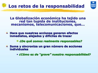 La Globalización económica ha tejido una
red tan tupida de instituciones,
mecanismos, telecomunicaciones, que...
Hace que nuestras acciones generen efectosHace que nuestras acciones generen efectos
inmediatos, alejados y difíciles de trazarinmediatos, alejados y difíciles de trazar
¿De qué somos realmente responsables?¿De qué somos realmente responsables?
Suma y sincroniza un gran número de accionesSuma y sincroniza un gran número de acciones
individualesindividuales
• ¿Cómo es de “grave” nuestra responsabilidad?¿Cómo es de “grave” nuestra responsabilidad?
Los retos de la responsabilidad
 
