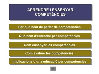 APRENDRE I ENSENYAR COMPETÈNCIES Per què hem de parlar de competències  Què hem d’entendre per competències  Com ensenyar les competències  Com avaluar les competències  Implicacions d’una educació per competències  
