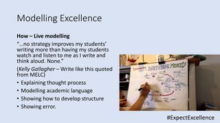 Modelling Excellence
How – Live modelling
“…no strategy improves my students’
writing more than having my students
watch and listen to me as I write and
think aloud. None.”
(Kelly Gallagher – Write like this quoted
from MELC)
• Explaining thought process
• Modelling academic language
• Showing how to develop structure
• Showing error.
#ExpectExcellence
 