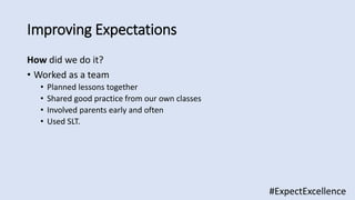 Improving Expectations
How did we do it?
• Worked as a team
• Planned lessons together
• Shared good practice from our own classes
• Involved parents early and often
• Used SLT.
#ExpectExcellence
 