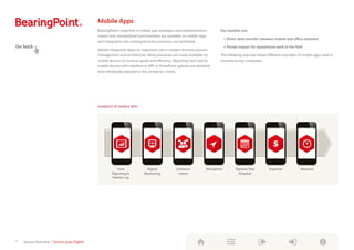 Mobile Apps
BearingPoint’s expertise in mobile app strategies and implementation
means that standardized functionalities are available on mobile apps
and integration into existing business processes are facilitated.
Mobile integration plays an important role in modern business process
management and architecture. Many processes are made available on
mobile devices to increase speed and efficiency. Reporting from and to
mobile devices with interface to ERP or SharePoint systems are available
and individually adjusted to the company’s needs.
Key benefits are:
•	Direct data transfer between mobile and office solutions
•	Proven impact for operational work in the field
The following overview shows different examples of mobile apps used in
manufacturing companies.
Time
Reporting 
Vehicle Log
Digital
Monitoring
Communi-
cation
Navigation Optimal Visit
Schedule
Expenses Absences
Go back
EXAMPLES OF MOBILE APPS
9 Service Overview | Service goes Digital
Digital
Transformation
Toolbox
 