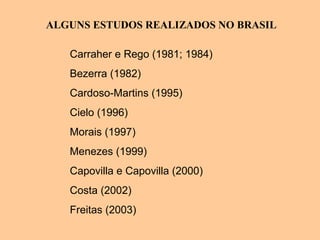 ALGUNS ESTUDOS REALIZADOS NO BRASIL
Carraher e Rego (1981; 1984)
Bezerra (1982) 
Cardoso-Martins (1995)
Cielo (1996) 
Morais (1997) 
Menezes (1999) 
Capovilla e Capovilla (2000) 
Costa (2002) 
Freitas (2003) 
 
