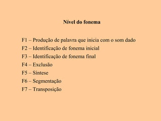 Nível do fonema
F1 – Produção de palavra que inicia com o som dado
F2 – Identificação de fonema inicial
F3 – Identificação de fonema final
F4 – Exclusão
F5 – Síntese
F6 – Segmentação
F7 – Transposição
 