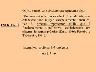 ESCRITA 
Objeto simbólico, substituto que representa algo.
Não constitui uma transcrição fonética da fala, mas
estabelece uma relação essencialmente fonêmica,
isto é, procura representar aquilo que é
funcionalmente significativo, estabelecendo um
sistema de regras próprias (Kato, 1986; Ferreiro e
Teberosky, 1991).
Exemplos: [profe’sor]  professor
[‘taksi]  táxi
 