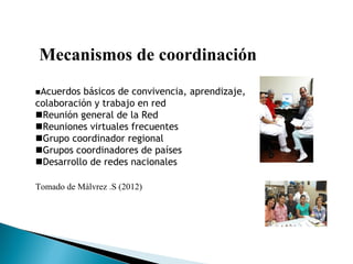 Mecanismos de coordinación
Acuerdos básicos de convivencia, aprendizaje,
colaboración y trabajo en red
Reunión general de la Red
Reuniones virtuales frecuentes
Grupo coordinador regional
Grupos coordinadores de países
Desarrollo de redes nacionales
Tomado de Màlvrez .S (2012)
 