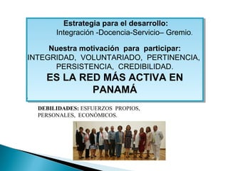 Estrategia para el desarrollo:
Integración -Docencia-Servicio– Gremio.
Nuestra motivación para participar:
INTEGRIDAD, VOLUNTARIADO, PERTINENCIA,
PERSISTENCIA, CREDIBILIDAD.
ES LA RED MÁS ACTIVA EN
PANAMÁ
·
Estrategia para el desarrollo:
Integración -Docencia-Servicio– Gremio.
Nuestra motivación para participar:
INTEGRIDAD, VOLUNTARIADO, PERTINENCIA,
PERSISTENCIA, CREDIBILIDAD.
ES LA RED MÁS ACTIVA EN
PANAMÁ
·
DEBILIDADES: ESFUERZOS  PROPIOS,  
PERSONALES,  ECONÓMICOS.
 