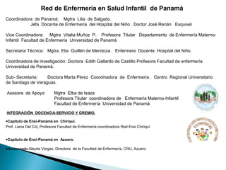 Red de Enfermería en Salud Infantil de Panamá
 
Coordinadora  de Panamá:    Mgtra  Lilia  de Salgado. 
Jefa  Docente de Enfermería  del Hospital del Niño . Doctor José Renán   Esquivel
 
Vice Coordinadora:     Mgtra  Vitalia Muñoz  P.    Profesora  Titular   Departamento  de Enfermería Materno-
Infantil  Facultad de Enfermería  Universidad de Panamá
 
Secretaria Técnica:   Mgtra. Elia  Guillén de Mendoza.   Enfermera  Docente. Hospital del Niño.
Coordinadora de investigación: Doctora  Edith Gallardo de Castillo Profesora Facultad de enfermería. 
Universidad de Panamá.
 
Sub- Secretaria:        Doctora Marta Pérez  Coordinadora  de  Enfermería .  Centro  Regional Universitario 
de Santiago de Veraguas. 
 Asesora  de Apoyo:       Mgtra  Elba de Isaza    
                                       Profesora Titular  coordinadora de   Enfermería Materno-Infantil 
                                       Facultad de Enfermería  Universidad de Panamá
 
 INTEGRACIÓN DOCENCIA-SERVICIO Y GREMIO.
•Capítulo de Ensi-Panamá en Chiriquí.
Prof. Liana Del Cid, Profesora Facultad de Enfermería coordinadora Red Ensi Chiriquí
 
•Capítulo de Ensi-Panamá en Azuero.
•Doctoranda Aleyda Vargas, Directora  de la Facultad de Enfermería, CRU, Azuero.
 
 