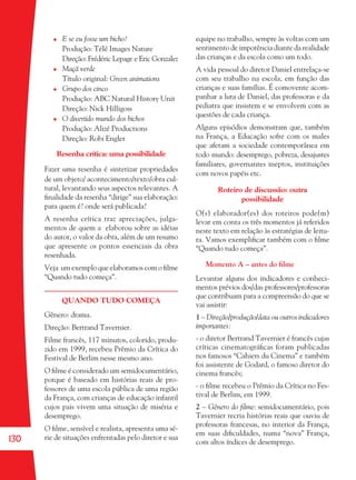 130
E se eu fosse um bicho?
Produção: Télé Images Nature
Direção: Frédéric Lepage e Eric Gonzalez
Maçã verde
Título original: Green animations
Grupo dos cinco
Produção: ABC Natural History Unit
Direção: Nick Hilligoss
O divertido mundo dos bichos
Produção: Alizé Productions
Direção: Robi Engler
Resenha crítica: uma possibilidade
Fazer uma resenha é sintetizar propriedades
de um objeto/ acontecimento/texto/obra cul-
tural, levantando seus aspectos relevantes. A
ﬁnalidade da resenha “dirige” sua elaboração:
para quem é? onde será publicada?
A resenha crítica traz apreciações, julga-
mentos de quem a elaborou sobre as idéias
do autor, o valor da obra, além de um resumo
que apresente os pontos essenciais da obra
resenhada.
Veja um exemplo que elaboramos com o ﬁlme
“Quando tudo começa”.
QUANDO TUDO COMEÇA
Gênero: drama.
Direção: Bertrand Tavernier.
Filme francês, 117 minutos, colorido, produ-
zido em 1999, recebeu Prêmio da Crítica do
Festival de Berlim nesse mesmo ano.
O ﬁlme é considerado um semidocumentário,
porque é baseado em histórias reais de pro-
fessores de uma escola pública de uma região
da França, com crianças de educação infantil
cujos pais vivem uma situação de miséria e
desemprego.
O ﬁlme, sensível e realista, apresenta uma sé-
rie de situações enfrentadas pelo diretor e sua
equipe no trabalho, sempre às voltas com um
sentimento de impotência diante da realidade
das crianças e da escola como um todo.
A vida pessoal do diretor Daniel entrelaça-se
com seu trabalho na escola, em função das
crianças e suas famílias. É comovente acom-
panhar a luta de Daniel, das professoras e da
pediatra que insistem e se envolvem com as
questões de cada criança.
Alguns episódios demonstram que, também
na França, a Educação sofre com os males
que afetam a sociedade contemporânea em
todo mundo: desemprego, pobreza, desajustes
familiares, governantes ineptos, instituições
com novos papéis etc.
Roteiro de discussão: outra
possibilidade
O(s) elaborador(es) dos roteiros pode(m)
levar em conta os três momentos já referidos
neste texto em relação às estratégias de leitu-
ra. Vamos exempliﬁcar também com o ﬁlme
“Quando tudo começa”.
Momento A – antes do ﬁlme
Levantar alguns dos indicadores e conheci-
mentos prévios dos/das professores/professoras
que contribuam para a compreensão do que se
vai assistir:
1 – Direção/produção/data ou outros indicadores
importantes:
- o diretor Bertrand Tavernier é francês cujas
críticas cinematográﬁcas foram publicadas
nos famosos “Cahiers du Cinema” e também
foi assistente de Godard, o famoso diretor do
cinema francês;
- o ﬁlme recebeu o Prêmio da Crítica no Fes-
tival de Berlim, em 1999.
2 – Gênero do ﬁlme: semidocumentário, pois
Tavernier recria histórias reais que ouviu de
professoras francesas, no interior da França,
em suas diﬁculdades, numa “nova” França,
com altos índices de desemprego.
36082-Ensino Fundamental de 9 an130 13036082-Ensino Fundamental de 9 an130 130 22/08/07 00:5822/08/07 00:58
 