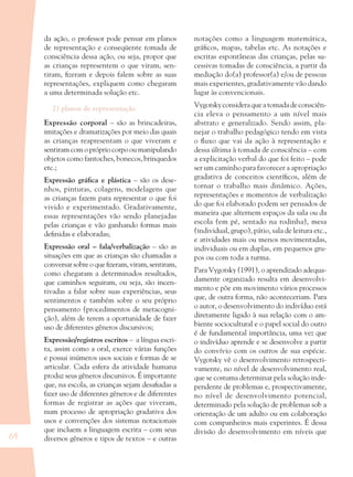 64
da ação, o professor pode pensar em planos
de representação e conseqüente tomada de
consciência dessa ação, ou seja, propor que
as crianças representem o que viram, sen-
tiram, ﬁzeram e depois falem sobre as suas
representações, expliquem como chegaram
a uma determinada solução etc.
2) planos de representação
Expressão corporal – são as brincadeiras,
imitações e dramatizações por meio das quais
as crianças reapresentam o que viveram e
sentiram com o próprio corpo ou manipulando
objetos como fantoches, bonecos, brinquedos
etc.;
Expressão gráﬁca e plástica – são os dese-
nhos, pinturas, colagens, modelagens que
as crianças fazem para representar o que foi
vivido e experimentado. Gradativamente,
essas representações vão sendo planejadas
pelas crianças e vão ganhando formas mais
deﬁnidas e elaboradas;
Expressão oral – fala/verbalização – são as
situações em que as crianças são chamadas a
conversar sobre o que ﬁzeram, viram, sentiram,
como chegaram a determinados resultados,
que caminhos seguiram, ou seja, são incen-
tivadas a falar sobre suas experiências, seus
sentimentos e também sobre o seu próprio
pensamento (procedimentos de metacogni-
ção), além de terem a oportunidade de fazer
uso de diferentes gêneros discursivos;
Expressão/registros escritos – a língua escri-
ta, assim como a oral, exerce várias funções
e possui inúmeros usos sociais e formas de se
articular. Cada esfera da atividade humana
produz seus gêneros discursivos. É importante
que, na escola, as crianças sejam desaﬁadas a
fazer uso de diferentes gêneros e de diferentes
formas de registrar as ações que viveram,
num processo de apropriação gradativa dos
usos e convenções dos sistemas notacionais
que incluem a linguagem escrita – com seus
diversos gêneros e tipos de textos – e outras
notações como a linguagem matemática,
gráﬁcos, mapas, tabelas etc. As notações e
escritas espontâneas das crianças, pelas su-
cessivas tomadas de consciência, a partir da
mediação do(a) professor(a) e/ou de pessoas
mais experientes, gradativamente vão dando
lugar às convencionais.
Vygotskyconsideraqueatomadadeconsciên-
cia eleva o pensamento a um nível mais
abstrato e generalizado. Sendo assim, pla-
nejar o trabalho pedagógico tendo em vista
o ﬂuxo que vai da ação à representação e
dessa última à tomada de consciência – com
a explicitação verbal do que foi feito – pode
ser um caminho para favorecer a apropriação
gradativa de conceitos cientíﬁcos, além de
tornar o trabalho mais dinâmico. Ações,
representações e momentos de verbalização
do que foi elaborado podem ser pensados de
maneira que alternem espaços da sala ou da
escola (em pé, sentado na rodinha), mesa
(individual, grupo), pátio, sala de leitura etc.,
e atividades mais ou menos movimentadas,
individuais ou em duplas, em pequenos gru-
pos ou com toda a turma.
Para Vygotsky (1991), o aprendizado adequa-
damente organizado resulta em desenvolvi-
mento e põe em movimento vários processos
que, de outra forma, não aconteceriam. Para
o autor, o desenvolvimento do indivíduo está
diretamente ligado à sua relação com o am-
biente sociocultural e o papel social do outro
é de fundamental importância, uma vez que
o indivíduo aprende e se desenvolve a partir
do convívio com os outros de sua espécie.
Vygotsky vê o desenvolvimento retrospecti-
vamente, no nível de desenvolvimento real,
que se costuma determinar pela solução inde-
pendente de problemas e, prospectivamente,
no nível de desenvolvimento potencial,
determinado pela solução de problemas sob a
orientação de um adulto ou em colaboração
com companheiros mais experintes. É dessa
divisão do desenvolvimento em níveis que
36082-Ensino Fundamental de 9 an64 6436082-Ensino Fundamental de 9 an64 64 14/08/07 19:0314/08/07 19:03
 