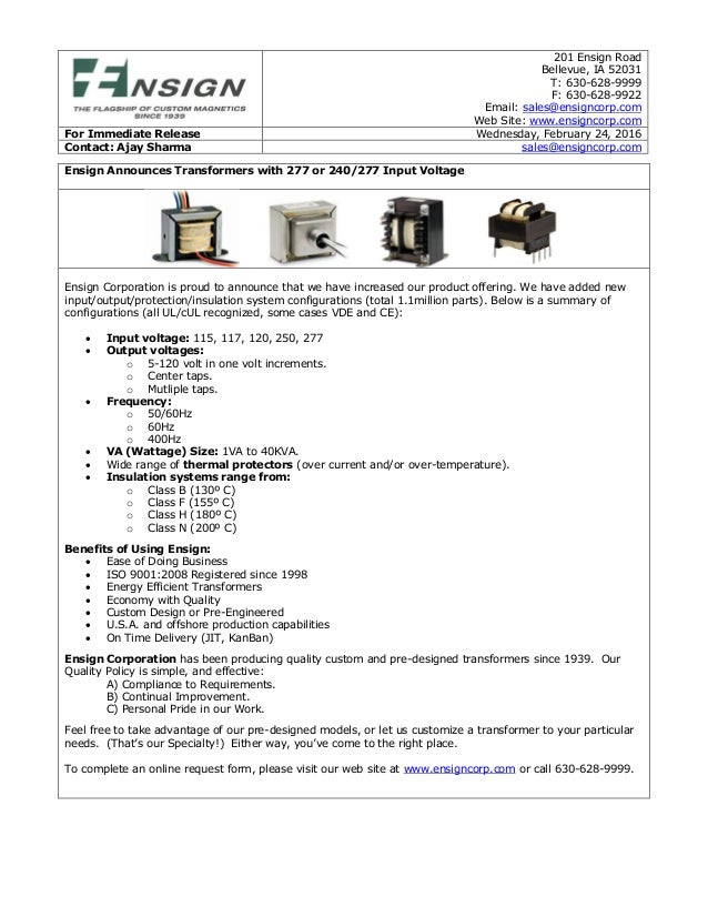 Ensign Announces Transformers With 277 Or 240 277 Input Voltage