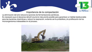 Importancia de la compactación
La eliminación del aire reduce la opciones de fermentaciones aeróbicas.
Es necesario que el descenso del pH ocurra lo más pronto posible para garantizar un hábitat desfavorable
para las bacterias clostrídicas y reducir la respiración, evitando así la proteólisis y la proliferación de los
microorganismos indeseables en el proceso.
 