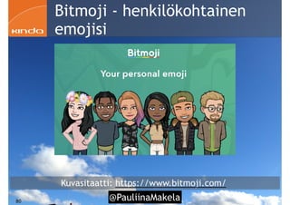 @PauliinaMakela!80
Kuvasitaatti: https://www.bitmoji.com/
Bitmoji - henkilökohtainen
emojisi
 