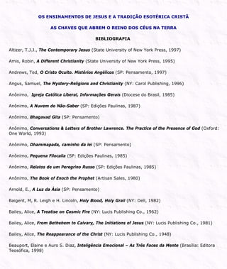 OS ENSINAMENTOS DE JESUS E A TRADIÇÃO ESOTÉRICA CRISTÃ
AS CHAVES QUE ABREM O REINO DOS CÉUS NA TERRA
BIBLIOGRAFIA
Altizer, T.J.J., The Contemporary Jesus (State University of New York Press, 1997)
Amis, Robin, A Different Christianity (State University of New York Press, 1995)
Andrews, Ted, O Cristo Oculto. Mistérios Angélicos (SP: Pensamento, 1997)
Angus, Samuel, The Mystery-Religions and Christianity (NY: Carol Publishing, 1996)
Anônimo, Igreja Católica Liberal, Informações Gerais (Diocese do Brasil, 1985)
Anônimo, A Nuvem do Não-Saber (SP: Edições Paulinas, 1987)
Anônimo, Bhagavad Gita (SP: Pensamento)
Anônimo, Conversations & Letters of Brother Lawrence. The Practice of the Presence of God (Oxford:
One World, 1993)
Anônimo, Dhammapada, caminho da lei (SP: Pensamento)
Anônimo, Pequena Filocalia (SP: Edições Paulinas, 1985)
Anônimo, Relatos de um Peregrino Russo (SP: Edições Paulinas, 1985)
Anônimo, The Book of Enoch the Prophet (Artisan Sales, 1980)
Arnold, E., A Luz da Ásia (SP: Pensamento)
Baigent, M, R. Leigh e H. Lincoln, Holy Blood, Holy Grail (NY: Dell, 1982)
Bailey, Alice, A Treatise on Cosmic Fire (NY: Lucis Publishing Co., 1962)
Bailey, Alice, From Bethehem to Calvary, The Initiations of Jesus (NY: Lucis Publishing Co., 1981)
Bailey, Alice, The Reappearance of the Christ (NY: Lucis Publishing Co., 1948)
Beauport, Elaine e Auro S. Diaz, Inteligência Emocional – As Três Faces da Mente (Brasília: Editora
Teosófica, 1998)
 