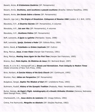 Besant, Annie, O Cristianismo Esotérico (SP: Pensamento)
Besant, Annie, Ocultismo, semi-ocultismo e pseudo-ocultismo (Brasília: Editora Teosófica, 1996)
Besant, Annie, Um Estudo Sobre o Karma (SP: Pensamento)
Bianchi, Ugo (ed.), The Origins of Gnosticism. Colloquium of Messina 1966 (Leiden: E.J. Brill, 1970)
Blavatsky, H.P., A Doutrina Secreta (SP: Pensamento), 6 volumes
Blavatsky, H.P., Isis sem Véu (SP: Pensamento), 4 volumes
Blavatsky, H.P., Ocultismo Prático (SP: Pensamento)
Boff, Leonardo, A águia e a galinha (Petrópolis: Vozes, 1998)
Boff, Leonardo, Igreja, Carisma e Poder (SP: Editora Ática, 1994)
Bohm, David, A Totalidade e a Ordem Implicada (SP: Cultrix)
Borg, Marcus, Jesus. A new Vision (Harper San Francisco, 1991)
Borg, Marcus, Meeting Jesus Again for the First Time (Harper San Francisco, 1995)
Branco, Raul, Pistis Sophia. Os Mistérios de Jesus (RJ: Bertrand Brasil, 1997)
Broek, R.v.d e W.J. Hanegraaff (ed.), Gnosis and Hermeticism. From Antiquity to Modern Times
(State University of New York Press, 1998)
Brox, Norbert, A Concise History of the Early Church (NY: Continuum, 1995)
Brunton, Paul, Idéias em Perspectiva (SP: Pensamento)
Bulgakow, Sergei, Sophia The Wisdom of God (NY: Lindisfarne Press, 1993)
Bultmann, Rudolf, History of the Synoptic Tradition (Peabody, Mass: Hendrickson, 1963)
Burke, George, An Eagle’s Flight. Autobiography of a Gnostic Orthodox Christian (Geneva, Nebraska:
Saint George Press, 1994)
Charlesworth, J.H., Jesus dentro do Judaísmo (RJ: Imago Editora, 1992)
Cintra, Frei Raimundo, Mergulho no Absoluto (SP: Edições Paulinas, 1982)
 