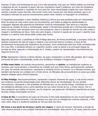 herança. É mais uma lembrança de que o erro não compensa, mas que, em última análise, se tivermos
a desgraça de cair no pecado (e quem não caiu incontáveis vezes?) podemos, por meio da verdadeira
contrição, ser perdoados e recebidos de novo pelo Pai. Essa interpretação singela tem seus méritos e
satisfaz a grande massa dos fiéis. Mas existe muito mais riqueza por trás dessa parábola, que é um
verdadeiro exemplo de quantos ensinamentos podem estar velados na linguagem do simbolismo.
O respeitado pesquisador e autor Geoffrey Hodson[1] afirma que essa parábola pode ser interpretada
tanto do ponto de vista macro como do microcósmico, pois todas as alegorias apresentadas na
Linguagem Sagrada são passíveis de diferentes níveis de interpretação. Isso deve-se a natureza
essencial da unidade de toda a manifestação, desde o infinitamente grande até o infinitamente pequeno,
tanto nos planos mais elevados como nos mais grosseiros. Esse é o sentido do homem ter sido criado à
imagem e semelhança de Deus. Visto sob outro ângulo, o homem é aquele ser em quem o espírito mais
elevado e a matéria mais densa estão unidos pela mente.
Segundo aquele autor, a parábola do Filho Pródigo descreve, de forma simplificada, o processo cíclico de
descida consciente da vida do Logos à matéria e seu eventual retorno à origem, à Casa do Pai,
devidamente enriquecida pela experiência do processo, como simbolizado pela boa vinda concedida pelo
Pai a seu filho. A parábola oferece um magnífico cenário, onde os atores e as principais etapas da
jornada da alma, segundo a interpretação de G. Hodson, podem ser apresentados resumidamente da
seguinte forma:[2]
O Pai. Representa o eterno e infinito Genitor, do qual o temporário e o finito são gerados. Ele é causa
primordial de toda a manifestação, sendo uma Existência ilimitada e incognoscível.
O Filho mais Velho. No sentido macrocósmico, personifica os elohim, as inteligências criadoras ou
arcanjos, que nunca perdem a consciência da unidade com sua Fonte divina, permanecendo, portanto,
em casa. No sentido microcósmico, representa a Centelha Divina no homem, ou a Mônada humana, que
também permanece em unidade com a Fonte divina. As Mônadas são provavelmente os anjos que estão
sempre voltados para a Divina Presença.
O Filho Pródigo. Macrocosmicamente, representa o aspecto imanente do Logos, a vida divina interior
que embarca na grande peregrinação pelos diferentes planos da manifestação. No seu sentido
microcósmico, representa o raio projetado da Mônada que, no seu devido tempo, manifesta-se a nível
da inteligência abstrata como a alma espiritual em sua veste imortal de luz, o Cristo interior. Ele é o
Deus peregrino que habita no homem, seu Eu Superior, que passa por infindáveis experiências ao longo
de suas muitas encarnações na Terra.
A Casa do Pai. A consciência do Logos do Universo (o Pai) está estabelecida em seu mundo espiritual
mais elevado. Alegoricamente, o Pai permanece em casa com as inteligências criativas cósmicas, o filho
mais velho. Essa é a residência celestial do ‘Pai que está nos Céus’.
Ele toma a sua parte da herança e parte em viagem. A ‘parte da herança’ representa a porção de
vida cósmica alocada a uma unidade individual em manifestação. Esse evento é, às vezes, descrito como
 