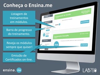 Barra de progresso
do treinamento.
Reveja os módulos
sempre que quiser!
Listagem de
treinamentos
em módulos.
Conheça o Ensina.me
Emissão de
Certificados on-line.
 
