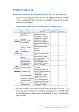 14Ensinar géneros de texto: conteúdos, estratégias e materiais
Antónia Coutinho & Noémia Jorge (coord.)
PERCURSO DIDÁTICO
Análise de artigo de divulgação científica (Ensino Secundário)
1. Os alunos analisam coletivamente um excerto do artigo de divulgação científica
“Estamos condenados?” (Excerto A), preenchendo a primeira coluna de uma gre-
lha de análise comparativa.
Grelha de análise comparativa de excertos de artigo de divulgação científica
Categorias de análise
Texto “Estamos condenados?”
Excerto A Excerto B Excerto C
Nível
contextual
Produtor textual
(papel social)
Equipa de jornalistas
Objetivos /
Intencionalidade
Comunicativa
Divulgar dados científicos
recentes sobre alterações
climáticas; sensibilizar o
público para o (grave) pro-
blema das alterações climá-
ticas
Suporte / Formato
Versão digital do jornal
Expresso
Nível
temático
Área do
conhecimento
Ambiente
Tema
CLIMA / Alterações climáti-
cas
Nível
estrutural
e
linguístico
Estrutura
(plano de texto)
Multimodal (articulação
entre texto, imagem – foto-
grafia, gráfico)
Explicitação das
fontes (argumento
de autoridade)
Secretário geral da ONU;
Conferência Internacional
sobre AC; Cientistas
Pessoa gramatical 3.ª pessoa
Tempos verbais
Presente (valor deítico ou
genérico); pretérito perfeito
simples; futuro
Deíticos temporais
“Nos próximos 12 anos”,
“Até ao fim do século”
Expressões com valor
modal epistémico
“A linha amarela represen-
ta”, “os termómetros do
mundo atingiram recordes”
Expressões com valor
modal deôntico
“Olhe bem para o gráfico
acima destas palavras”
2. Em pares, os alunos leem outros excertos do mesmo artigo (Excertos B e C) e
completam o preenchimento da grelha de análise comparativa, refletindo sobre
as regularidades contextuais, estruturais e linguísticas do género artigo de divul-
gação científica.
 