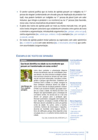 18Ensinar géneros de texto: conteúdos, estratégias e materiais
Antónia Coutinho & Noémia Jorge (coord.)
 O caráter autoral justifica que os textos de opinião possam ser redigidos na 1.ª
pessoa do singular (evidenciando um elevado grau de implicação do produtor tex-
tual); mas podem também ser redigidos na 1.ª pessoa do plural (com um valor
inclusivo, que integra o produtor e os recetores) ou na 3.ª pessoa (não havendo,
nesse caso, marcas enunciativas do produtor textual).
 O plano dos textos de opinião pode ser mais ou menos marcado mas, em geral,
estes textos integram conectores que estabelecem conexões entre partes do texto
e orientam a argumentação, introduzindo argumentos (ex.: porque, uma vez que),
contra-argumentos (ex.: ainda que, embora, mas) e exemplos (ex.: por exemplo, é
o caso de, como).
 Os textos de opinião podem incluir palavras ou expressões com valor epistémico
(ex.: é evidente que) e com valor deôntico (ex.: é necessário, devemos), que confe-
rem assertividade à argumentação.
EXEMPLO DE TEXTO DE OPINIÃO
Opinião
Que locais identifica na cidade ou na envolvente que
possam ser transformados em zonas verdes?
Local da publicação
Jornal de Leiria,
secção “Opinião”
Leiria deve combater a urbanização dispersa
através da definição clara de centralidades urba-
nas densas e de uma estrutura ecológica urbana.
Esta estrutura constrói-se através da rede contí-
nua de ruas bem arborizadas, corredores verdes,
jardins e parques agro-florestais. Estabelece um
contínuo entre a cidade e o campo, assegura as
boas condições climáticas dentro da cidade e
serve como rede de circulação pedonal e ciclável.
O Polis é um excelente modelo, que podia esten-
der-se a toda a cidade. As ribeiras do Sirol e do
Amparo são oportunidades para a instalação de
corredores verdes. As várzeas do Lis e do Lena
devem ser parques para a produção agro-
florestal sustentável, conjugada com funções de
lazer, desporto, circulação e estadia. A Mata dos
Marrazes deverá consolidar-se como um pulmão
verde da cidade. Os cumes, como o Castelo,
cemitério, Senhora da Encarnação e Capuchos,
deverão ser mantidos como espaços verdes e
livres de edificação, porque disso depende a boa
circulação do ar e o conforto térmico dentro da
cidade.
Cruz, João, in Jornal de Leiria, 23/05/2019, p. 5
Produtor textual
Arquiteto paisagista
(especialista no
assunto sobre o qual
opina)
Estrutura do texto
- Apresentação da
tese a defender

- Fundamentação da
tese (argumentos e
exemplos)
Marcas linguísticas
- Presente do indica-
tivo (com valor deíti-
co ou genérico)
- 3.ª pessoa
- Expressões com
valor deôntico
- Conector com valor
argumentativo
(“porque”)
João Marques da
Cruz, arquiteto
paisagista
 