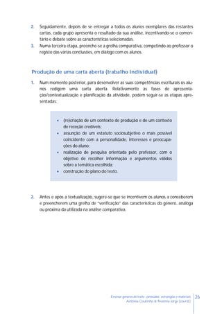 26Ensinar géneros de texto: conteúdos, estratégias e materiais
Antónia Coutinho & Noémia Jorge (coord.)
2. Seguidamente, depois de se entregar a todos os alunos exemplares das restantes
cartas, cada grupo apresenta o resultado da sua análise, incentivando-se o comen-
tário e debate sobre as características selecionadas.
3. Numa terceira etapa, preenche-se a grelha comparativa, competindo ao professor o
registo das várias conclusões, em diálogo com os alunos.
Produção de uma carta aberta (trabalho individual)
1. Num momento posterior, para desenvolver as suas competências escriturais os alu-
nos redigem uma carta aberta. Relativamente às fases de apresenta-
ção/contextualização e planificação da atividade, podem seguir-se as etapas apre-
sentadas:
 (re)criação de um contexto de produção e de um contexto
de receção credíveis;
 assunção de um estatuto sociosubjetivo o mais possível
coincidente com a personalidade, interesses e preocupa-
ções do aluno;
 realização de pesquisa orientada pelo professor, com o
objetivo de recolher informação e argumentos válidos
sobre a temática escolhida;
 construção do plano do texto.
2. Antes e após a textualização, sugere-se que se incentivem os alunos a conceberem
e preencherem uma grelha de “verificação” das características do género, análoga
ou próxima da utilizada na análise comparativa.
 