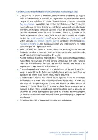 49Ensinar géneros de texto: conteúdos, estratégias e materiais
Antónia Coutinho & Noémia Jorge (coord.)
Caracterização: do contextual e organizacional às marcas linguísticas
 O discurso na 1.ª pessoa é abundante, comprovando o predomínio do eu (pre-
sente ou subentendido). A presença e a subjetividade do enunciador são marca-
das por: formas verbais na 1.ª pessoa, determinantes e pronomes possessivos
(ex.: meu/minha), vocabulário com sentido conotativo e emotivo (frequente-
mente reforçado por meio de recursos estilísticos), nomes abstratos, adjetivação
expressiva, interjeições, pontuação sugestiva (frases do tipo exclamativo e inter-
rogativo, suspensões marcadas pelas reticências), verbos do domínio do ser
(definição/permanência) e do estar (caracterização do momento), verbos epis-
témicos (ex.: achar, acreditar, pensar), verbos percetivos (ex.: ouvir, sentir, ver);
verbos volitivos (ex.: desejar, esperar, querer), verbos de rememoração (ex.:
recordar-se, lembrar-se). Tais marcas evidenciam uma visão unilateral dos factos,
que convergem para a pessoa do autor.
 Ainda que recorra ao uso da 1.ª pessoa, conferindo a este registo um tom con-
fessional e subjetivo, a narrativa é intercalada com comentários, análises e refle-
xões, frequentemente apresentadas na 3.ª pessoa.
 A prosa narrativa decorre da necessidade de relatar acontecimentos passados e
manifesta-se no recurso ao pretérito perfeito simples, que tem como função o
relato de acontecimentos passados. Há indicação da data dos factos e da
sequência cronológica em que se desenvolvem.
 O presente do indicativo surge associado a inferências e à formulação de obser-
vações / comentários. Os factos apresentados fazem parte da experiência do
quotidiano do autor e estão ligados ao seu projeto discursivo.
 O caráter autoral inscreve nos textos o aqui e agora do sujeito da enunciação,
apresentando-se a dêixis como marca organizadora dos discursos. A dêixis pes-
soal, espacial e temporal organiza o discurso e localiza os acontecimentos no
espaço e no tempo (determinando as características do momento em que se
escreve). A dêixis reflete-se ainda quer na escrita datada, quer na presença do
vocativo e de formas de despedida, quer ainda na presença de nomes próprios
(as pessoas e os locais referidos são identificados pelo nome próprio ou por uma
abreviatura).
 O imediatismo do diário proporciona um estilo pouco elaborado.
 