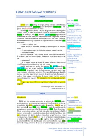 50Ensinar géneros de texto: conteúdos, estratégias e materiais
Antónia Coutinho & Noémia Jorge (coord.)
EXEMPLOS DE PÁGINAS DE DIÁRIOS
Texto A
Évora, 4 de Julho (domingo)
Parece que o meu colega R. varejou, a fogo cerrado, o batalhão dos
examinandos de Latim. Desconfio que se desnorteou. Lembra-me a pro-
pósito uma história carimbada de moral.
Quando eu era estudante, a música de guitarras era uma exigência
como o tabaco, o bilhar e as demais supérfluas necessidades de moço.
Precisei de uma viola, não tinha dinheiro. Um dia descobri à porta de um
homenzinho de Melo uma coisa em feitio de violão. Os garotos socavam
os tampos como a um tambor. Não tinha cordas. Não tinha cravelhas.
Não tinha muitos dos graus da escala. Apesar disso era uma viola. Falei
ao homem:
– Quer você vender isso?
Tomou o objecto nas mãos, estudou-o como surpreso da sua exis-
tência.
– Os garotos têm dado cabo disto. Pensava em mandar compor.
– Mas quer vender?
Foi dentro guardar a preciosidade, voltou impando de importância.
A verdade é que em tempos tocara viola numa tuna, gostaria de recor-
dar.
– Mas vende?
– Já vê, aquilo custou no tempo do barato coisa para duzentos mil
réis. Menos de cento e cinquenta, não vale a pena.
A viola continuou em tambor dos garotos. Vi-a um dia sem braço,
mais tarde com um tampo partido e daí em diante nunca mais nos
encontrámos. Uma súbita importância imprevista, por haver quem repa-
rasse no traste, entonteceu o homem. Tinha um objeto de valor. Largá-lo
de mão era deitar a perder um instante de peito inchado. Ficou com a
viola, a viola seguiu o seu destino de cacos, mas o homem teve um
momento alguém a seus pés. Ah, valorizarmo-nos nem que seja com um
crime...
Porque é que são geralmente os professores ignorantes os que mais
exigem?
Ferreira, Vergílio (2010). Diário Inédito, 2ª ed.
Lisboa: Quetzal, pp. 97-98.
Local, data [1948]
Marcas linguísticas
- 1.ª pessoa (valor deíti-
co)
- Presente do indicativo
(valor deítico – tempo da
enunciação)
- Pretérito perfeito sim-
ples e pretérito imperfei-
to (tempo dos aconteci-
mentos relatados - ante-
riores ao momento da
enunciação)
- Localizadores tempo-
rais (situam no tempo os
acontecimentos narra-
dos)
Aspetos organizacionais
Sequência narrativa
- Situação inicial
[Sequência dialogal
encaixada em sequência
narrativa]
- Complicação
- Resolução
- Reflexão
Texto B
11 de Agosto
Temos um cão em casa, vindo não se sabe donde. Apareceu assim,
sem mais, como se andasse à procura de donos e finalmente os tivesse
encontrado. Não tem maneiras de vadio, é novinho e nota-se que foi
bem ensinado lá onde viveu antes. Assomou à porta da cozinha quando
almoçávamos, sem entrar, olhando apenas. Luís disse: “Está ali um cão.”
Movia levemente a cabeça a um lado e a outro, como só sabem fazê-lo
os cães: um verdadeiro tratado de sedução disfarçada de humildade. Não
sou entendido em bichos caninos, sobretudo se pertencem a raças
menos comuns, mas este tem todo o ar de ser cruzamento de cão-d’água
e fox-terrier. Se não aparecer por aí o legítimo dono (outra hipótese é
que o animal tenha sido abandonado, como acontece tantas vezes neste
tempo de férias), vamos ter de levá-lo ao veterinário para que o examine,
Local, data [1993]
Marcas linguísticas
- 1.ª pessoa (valor deíti-
co)
- Presente do indicativo
(valor deítico - tempo da
enunciação)
- Deíticos temporais e
espaciais
- Pretérito perfeito sim-
ples e pretérito imper-
feito (tempo dos aconte-
cimentos relatados -
anteriores ao momento
 