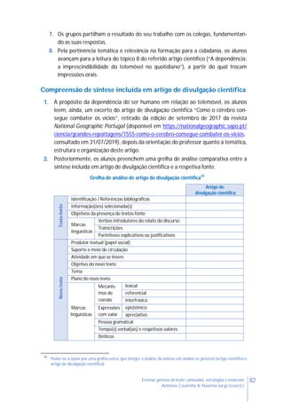82Ensinar géneros de texto: conteúdos, estratégias e materiais
Antónia Coutinho & Noémia Jorge (coord.)
7. Os grupos partilham o resultado do seu trabalho com os colegas, fundamentan-
do as suas respostas.
8. Pela pertinência temática e relevância na formação para a cidadania, os alunos
avançam para a leitura do tópico 8 do referido artigo científico (“A dependência:
a imprescindibilidade do telemóvel no quotidiano”), a partir do qual trocam
impressões orais.
Compreensão de síntese incluída em artigo de divulgação científica
1. A propósito da dependência do ser humano em relação ao telemóvel, os alunos
leem, ainda, um excerto do artigo de divulgação científica “Como o cérebro con-
segue combater os vícios”, retirado da edição de setembro de 2017 da revista
National Geographic Portugal (disponível em https://nationalgeographic.sapo.pt/
ciencia/grandes-reportagens/1555-como-o-cerebro-consegue-combater-os-vicios,
consultado em 31/07/2019), depois da orientação do professor quanto à temática,
estrutura e organização deste artigo.
2. Posteriormente, os alunos preenchem uma grelha de análise comparativa entre a
síntese incluída em artigo de divulgação científica e a respetiva fonte.
Grelha de análise de artigo de divulgação científica39
Artigo de
divulgação científica
Texto-fonte
Identificação / Referências bibliográficas
Informação(ões) selecionada(s)
Objetivos da presença de textos-fonte
Marcas
linguísticas
Verbos introdutores do relato do discurso
Transcrições
Parênteses explicativos ou justificativos
Novotexto
Produtor textual (papel social)
Suporte e meio de circulação
Atividade em que se insere
Objetivo do novo texto
Tema
Plano do novo texto
Marcas
linguísticas
Mecanis-
mos de
coesão
lexical
referencial
interfrásica
Expressões
com valor
epistémico
apreciativo
Pessoa gramatical
Tempo(s) verbal(ais) e respetivos valores
Deíticos
39
Poder-se-á optar por uma grelha única, que integre a análise da síntese em ambos os géneros (artigo científico e
artigo de divulgação científica).
 